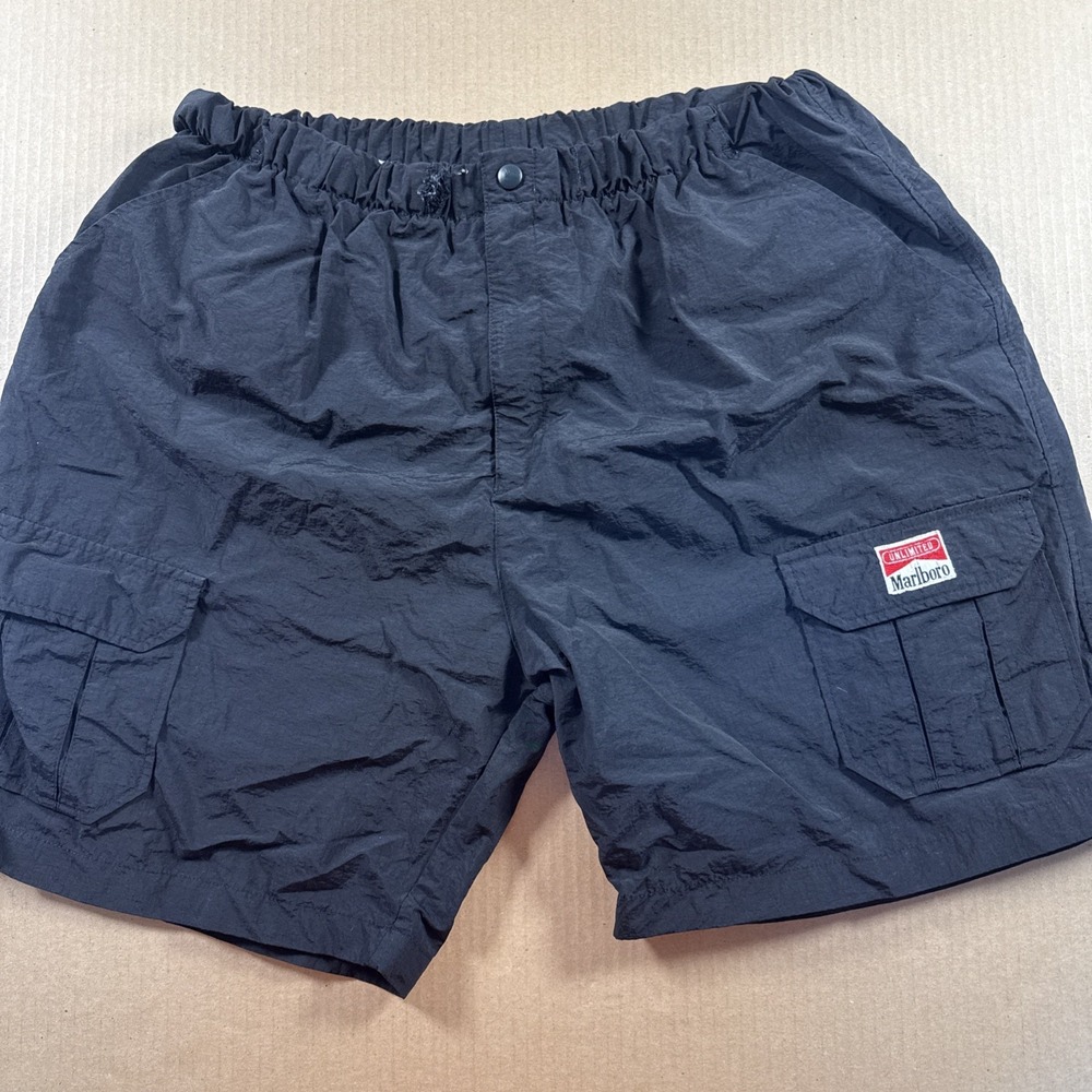Vintage Marlboro Shorts Mens XL Black Cargo Swim Trunks Lined Unlimited 90s